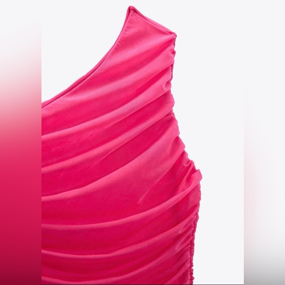 Asymmetrical One Shoulder Ruched Zara Pink Organza Mini Dress - Picture 6 of 8